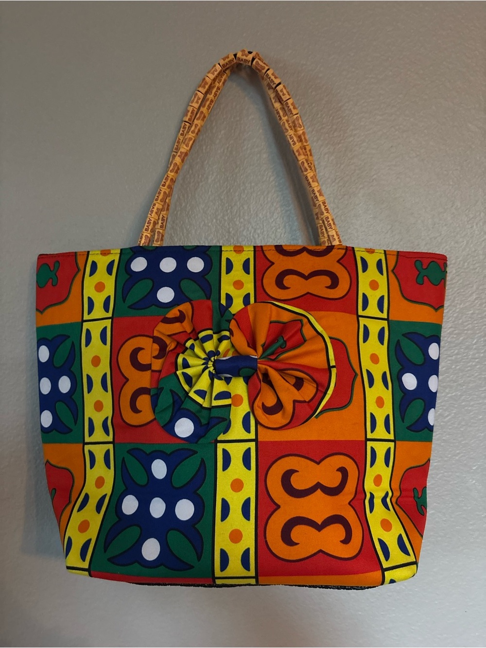 Colorful Patterned kente Tote Bag with Floral Accent - Multicolor